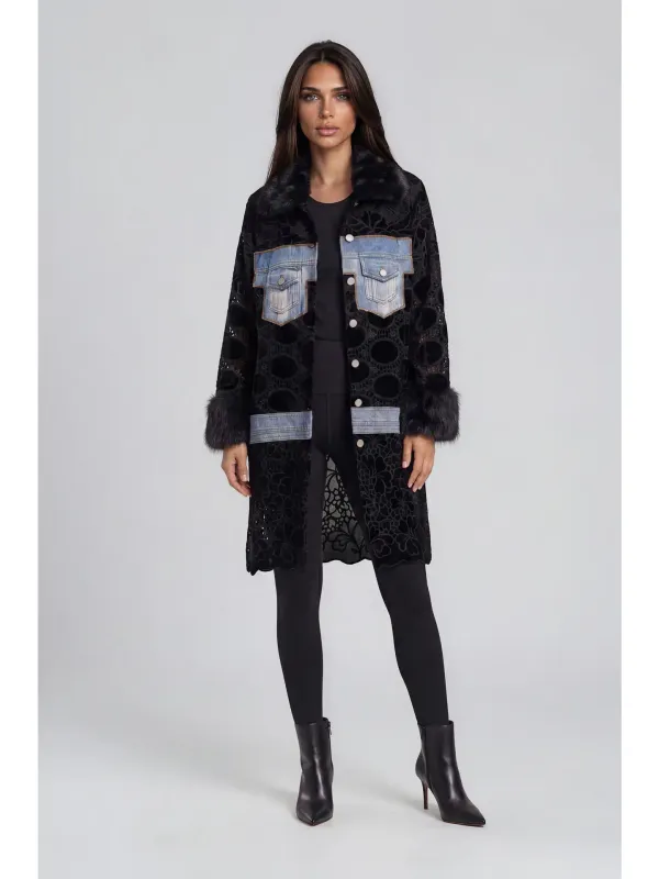 Adore By Wild Curves: Denim Lace Faux Fur Patchwork Coat Front