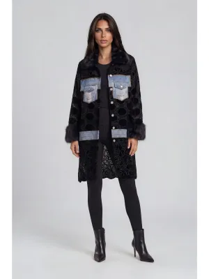 Adore By Wild Curves: Denim Lace Faux Fur Patchwork Coat Front