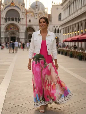 Take Me To Italy By Wild Curves: Window Into Italy Silk Maxi Dress In Electric Pink Front