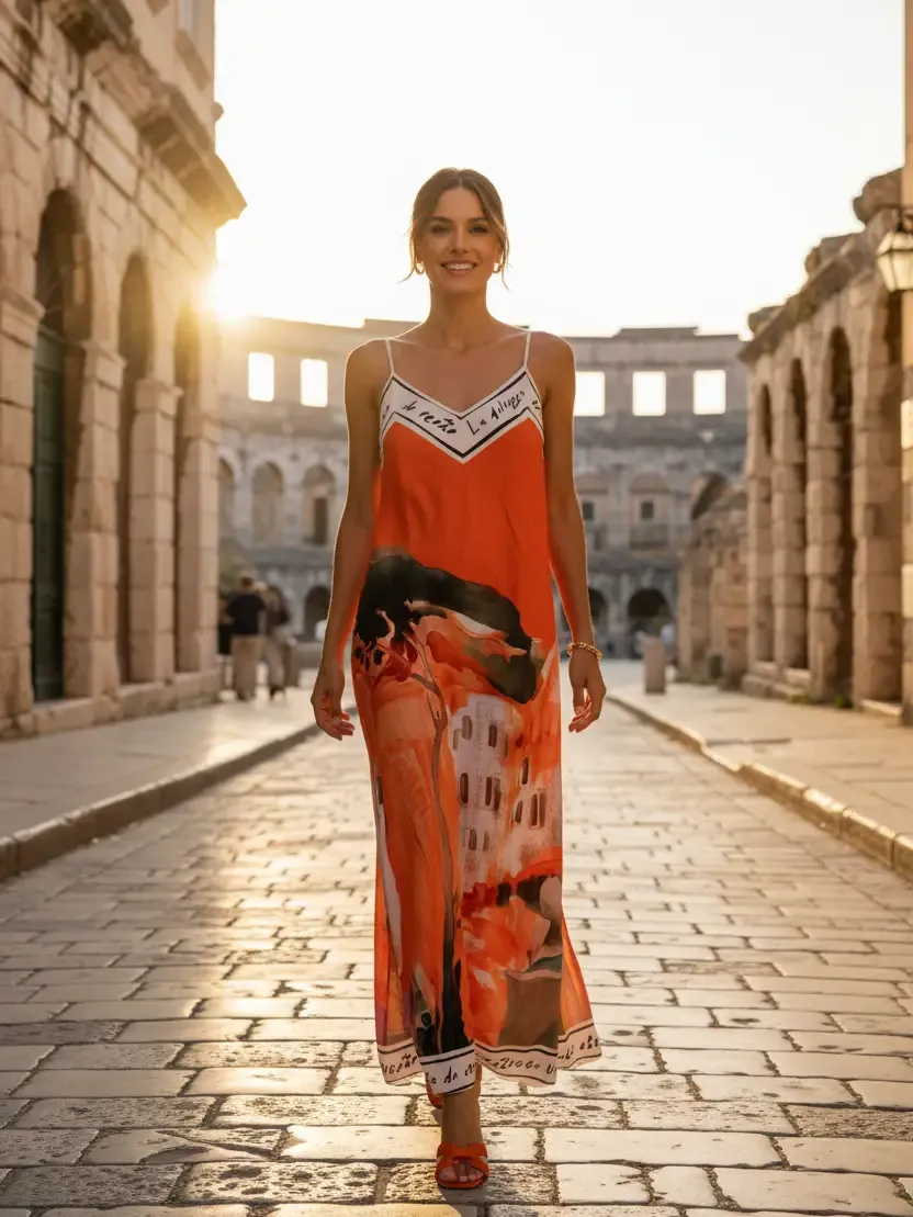 ke Me To Italy By Wild Curves: Window Into Italy Silk Maxi Dress In Orange Front