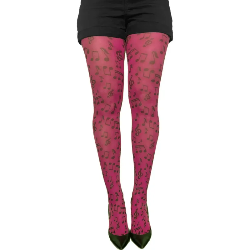 Malka Chic By Wild Curves: Musical Notes Of Love In Pink Opaque Tights Front