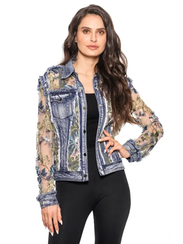 Adore By Wild Curves: 3D Floral Turquoise Blue Denim Lace Jacket
