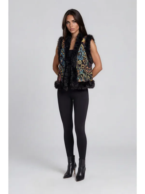 Adore By Wild Curves: Faux Fur Trim Tapestry Vest Front