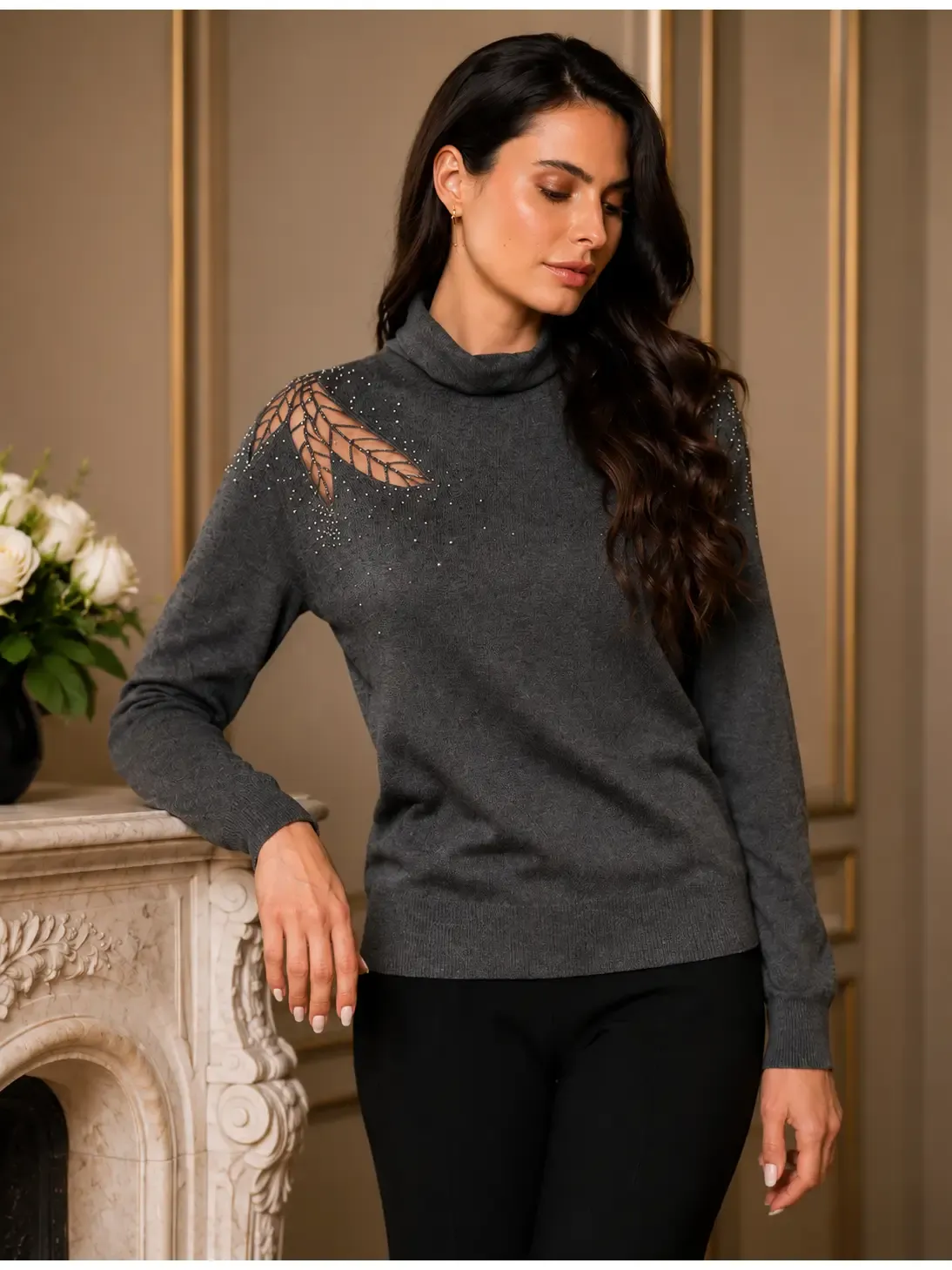 Adore By Wild Curves: Mesh Leaf Charcoal Sweater Front