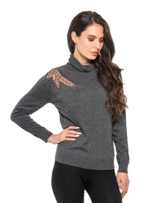 Adore By Wild Curves: Mesh Leaf Charcoal Sweater Front 1