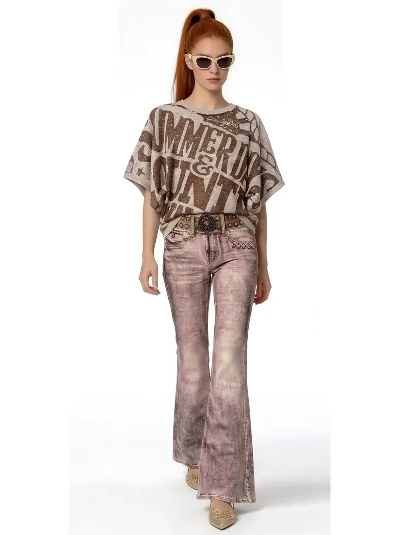 IPNG By Wild Curves: Jeanious Illusion Pink Denim Flared Pant Front 3
