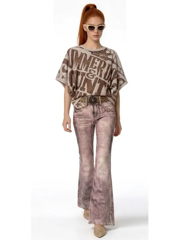 IPNG By Wild Curves: Jeanious Illusion Pink Denim Flared Pant Front 3
