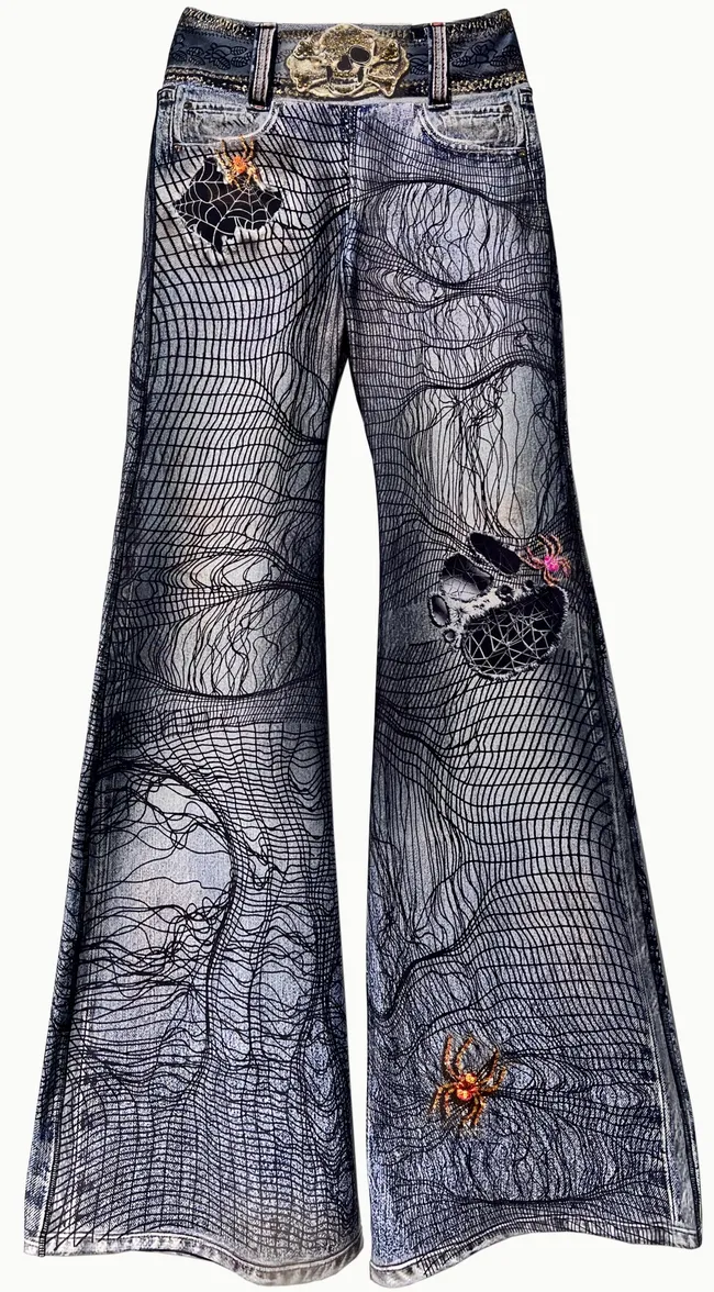 IPNG By Wild Curves: Entangled Pink Spider Distressed Denim Illusion Pants Front