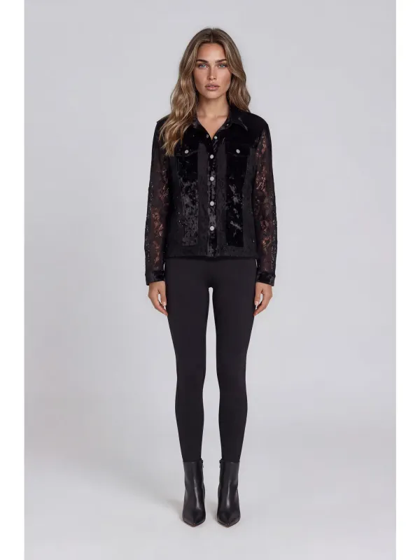 Adore By Wild Curves: Crushed Velvet Black Mesh Sleeve Jacket Front 1