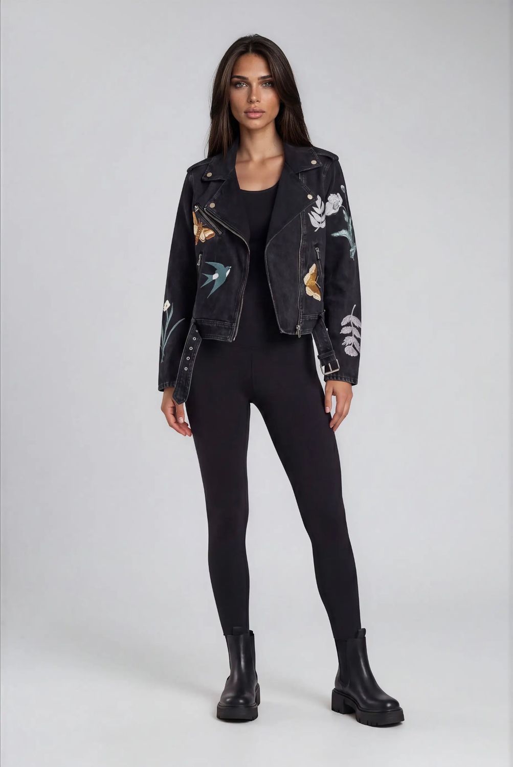 Adore By Wild Curves: Botanical Embroidery Denim Moto Jacket