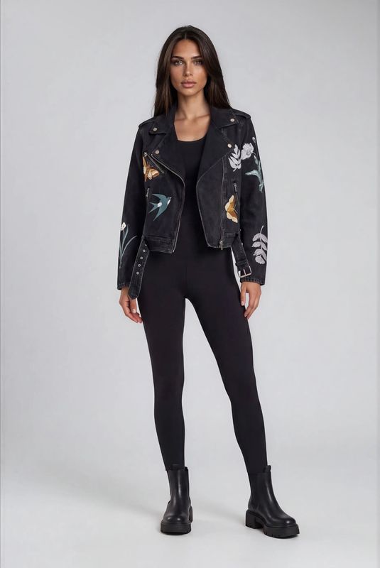 Adore By Wild Curves: Botanical Embroidery Denim Moto Jacket