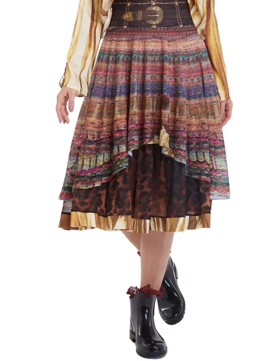 IPNG By Wild Curves: Chocolate Factory Illusion Flared Layered Skirt Front