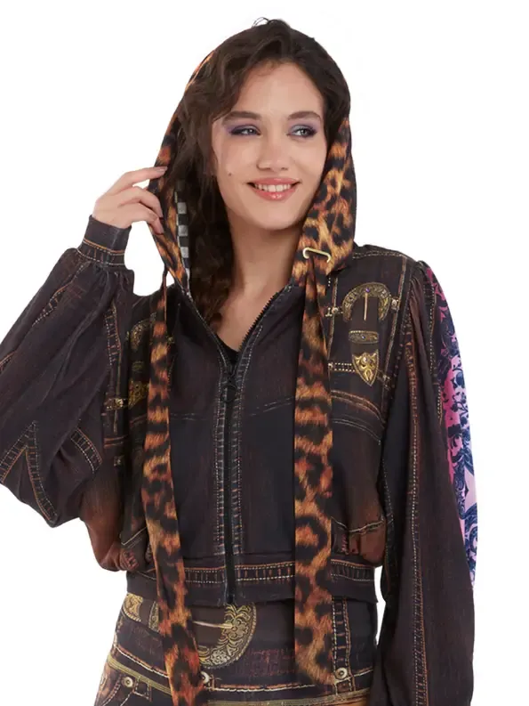 IPNG By Wild Curves: Chocolate Factory Denim Illusion Hoodie Puff Jacket Front