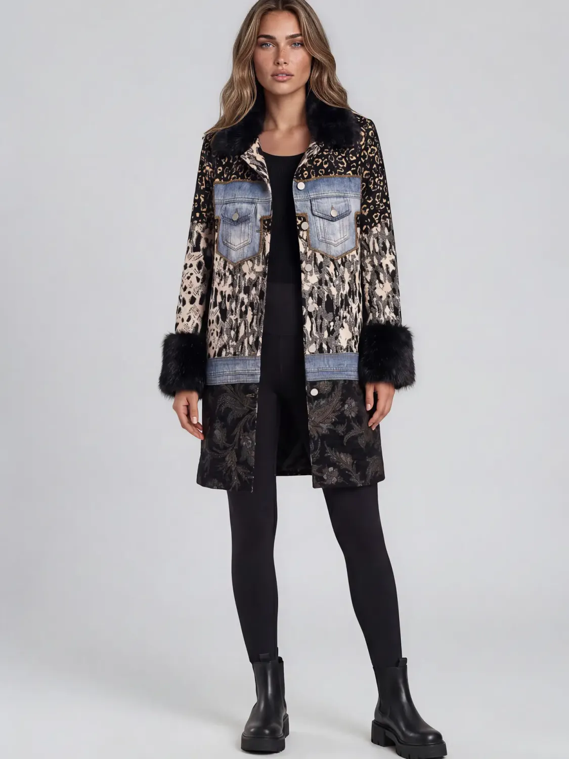 Adore By Wild Curves: Mixed Media Faux Fur Patchwork Coat Front