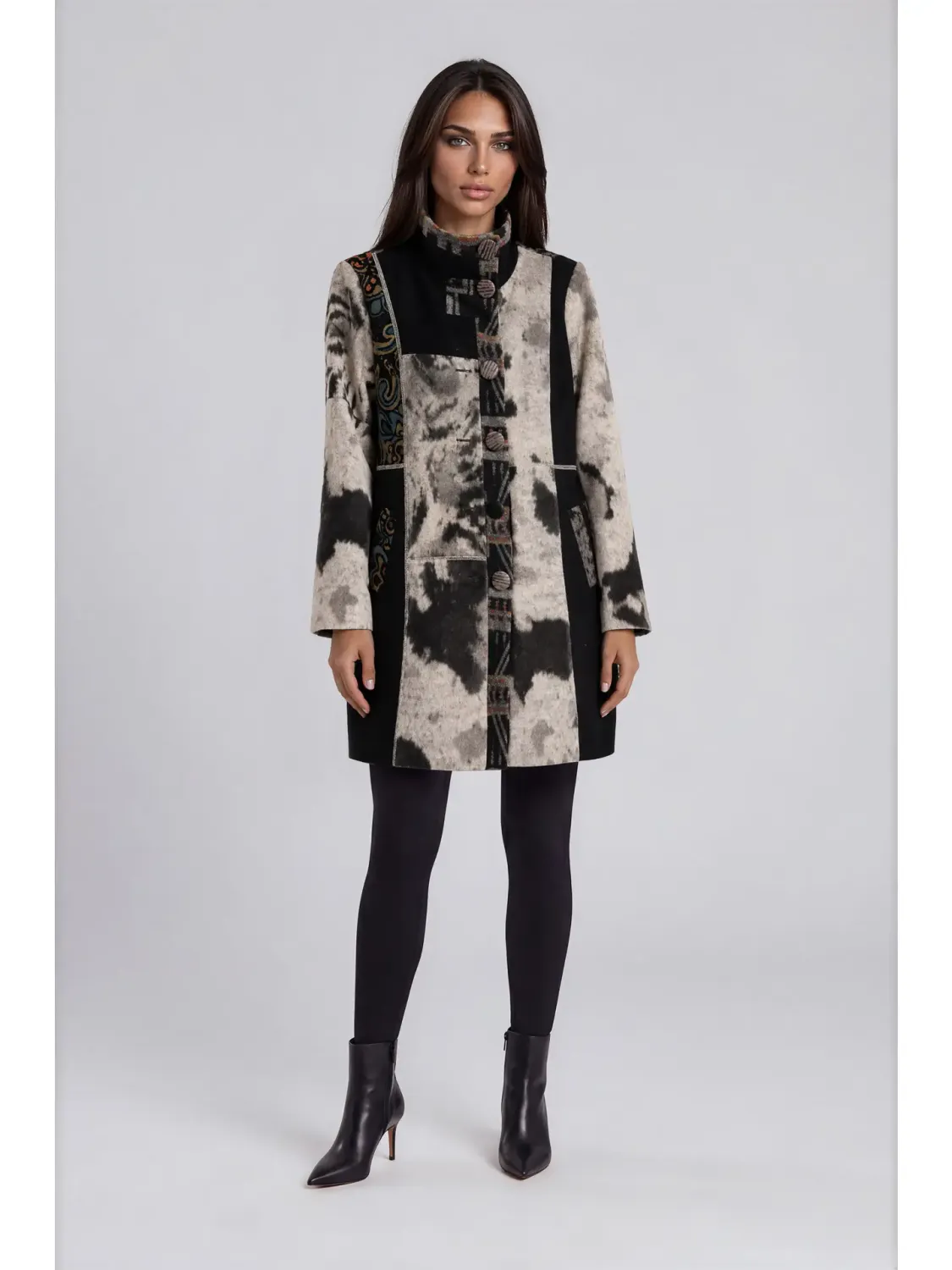 Adore By Wild Curves: Patchwork Print Faux Fur Coat Front