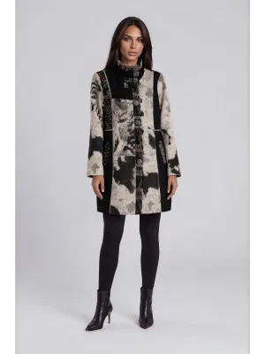 Adore By Wild Curves: Patchwork Print Faux Fur Coat Front