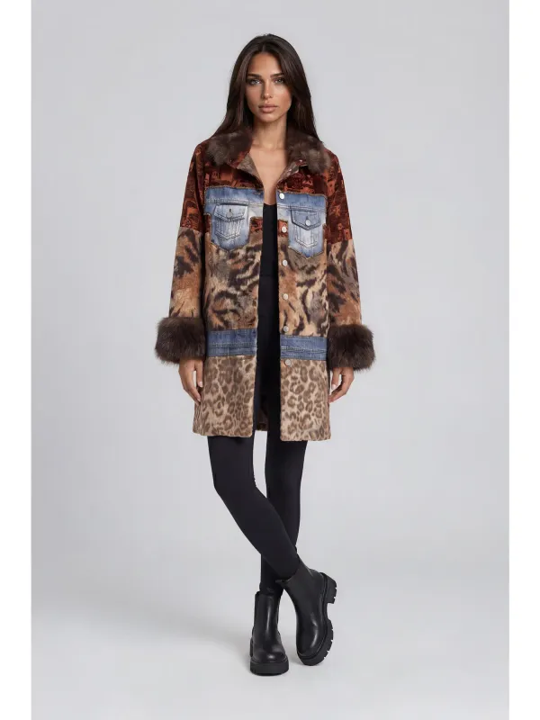 Adore By Wild Curves: Mixed Media Leo Faux Fur Patchwork Coat Adore By Wild Curves: Mixed Media Leo Faux Fur Patchwork Coat Front
