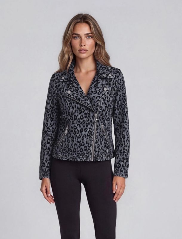 Adore By Wild Curves: Burnout Velvet Leo Soft Denim Moto Jacket