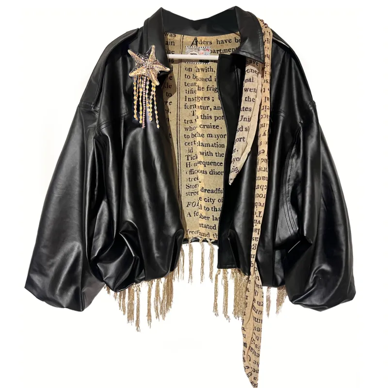 IPNG By Wild Curves: Written In The Stars Faux Leather Bomber Jacket Front 1 