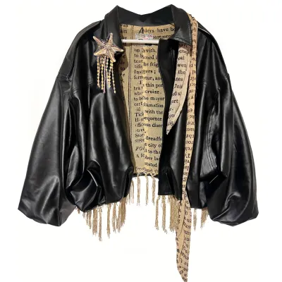 IPNG By Wild Curves: Written In The Stars Faux Leather Bomber Jacket Front 1 