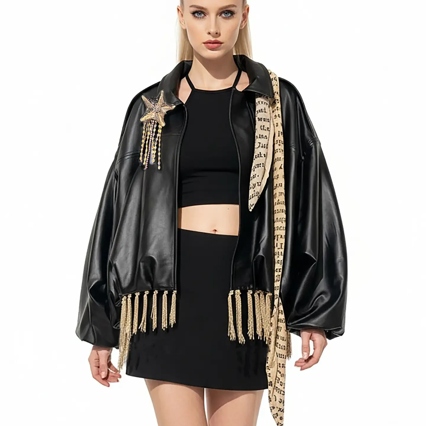 IPNG By Wild Curves: Written In The Stars Faux Leather Bomber Jacket Front  