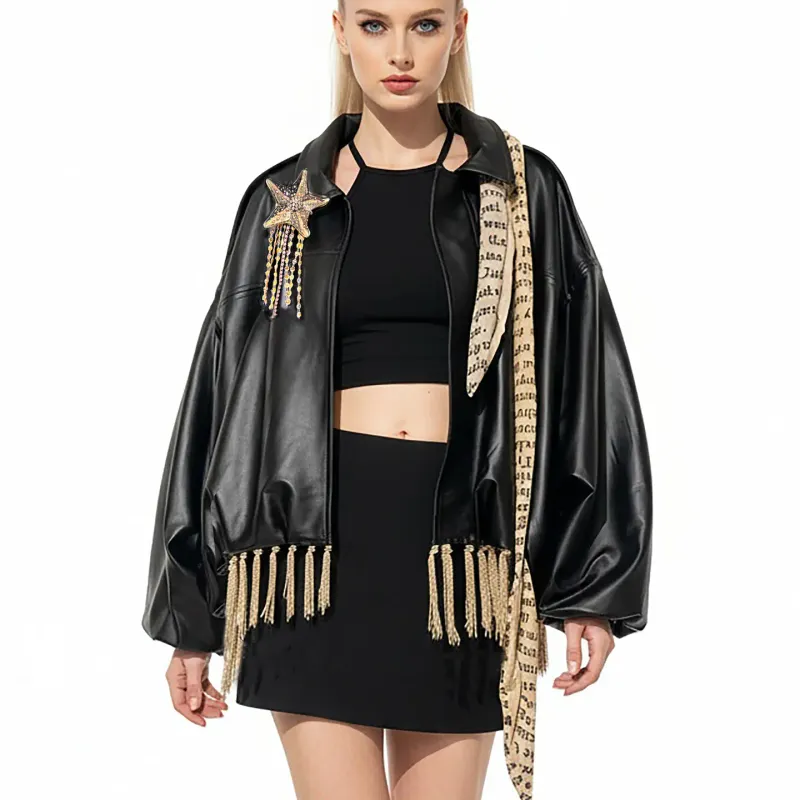 IPNG By Wild Curves: Written In The Stars Faux Leather Bomber Jacket Front  