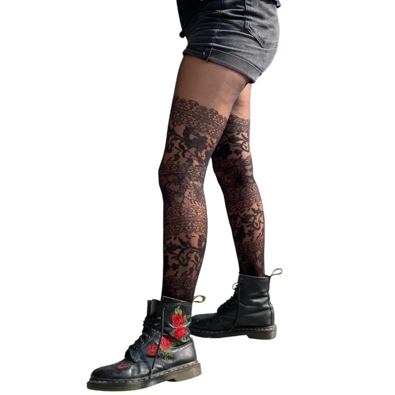 Malka Chic By Wild Curves: Black Lace Sheer Illusion Tights Side