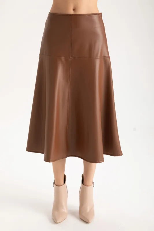 Isle Apparel By Wild Curves: Chestnut Godet Vegan Leather Skirt Front