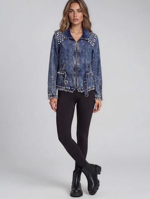 Adore By Wild Curves: Pearl Embellished Denim Zip Jacket