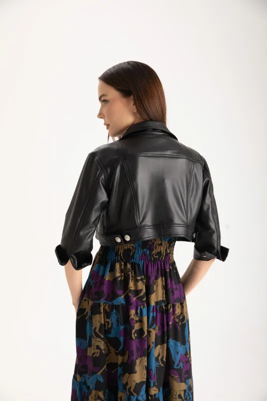 Isle Apparel By Wild Curves: Black Vegan Leather Cropped Jacket Back