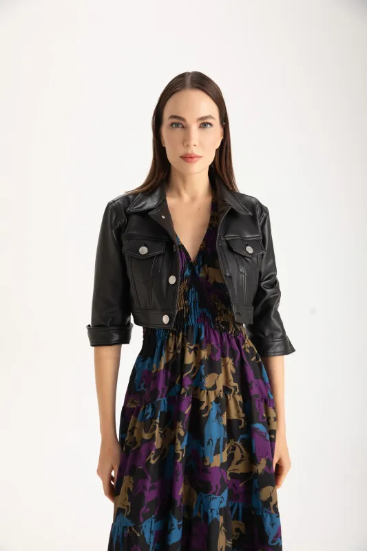 Isle Apparel By Wild Curves: Black Vegan Leather Cropped Jacket Front