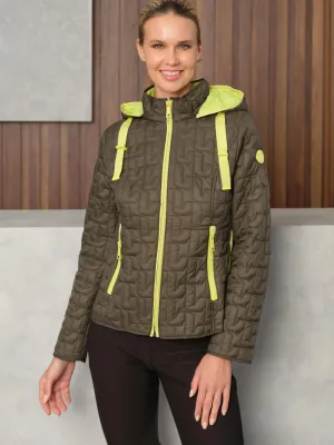 Dolcezza By Wild Curves: Quilted Hooded Jacket In Khaki (76803) Front 1