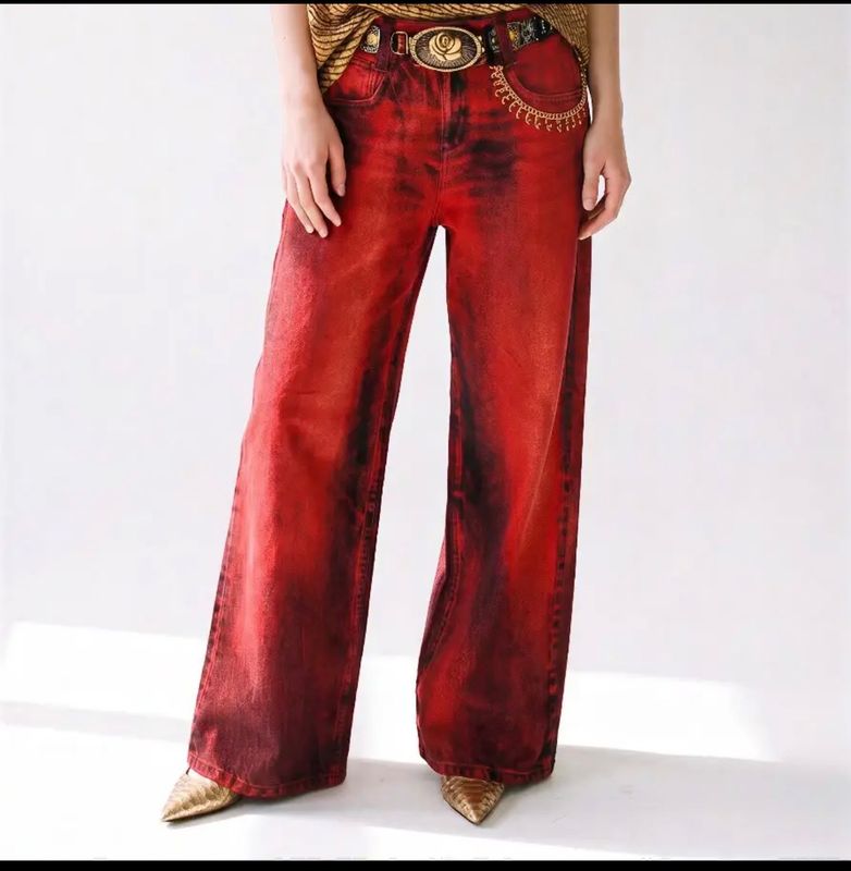 IPNG By Wild Curves: Red Denim Illusion Wide Leg Pants