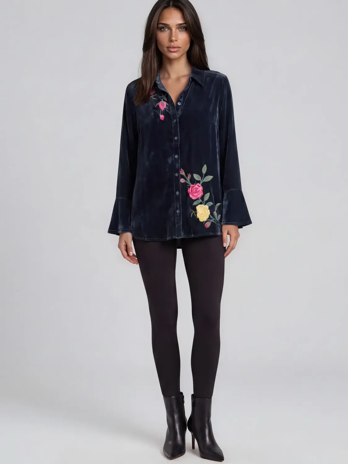 Adore Wild Curves: Velvet Roses Buttoned Blouse Front