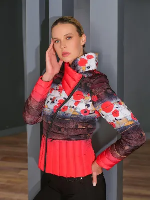 Dolcezza By Wild Curves: Painted Poppies Art Puffer Jacket (76826) Front
