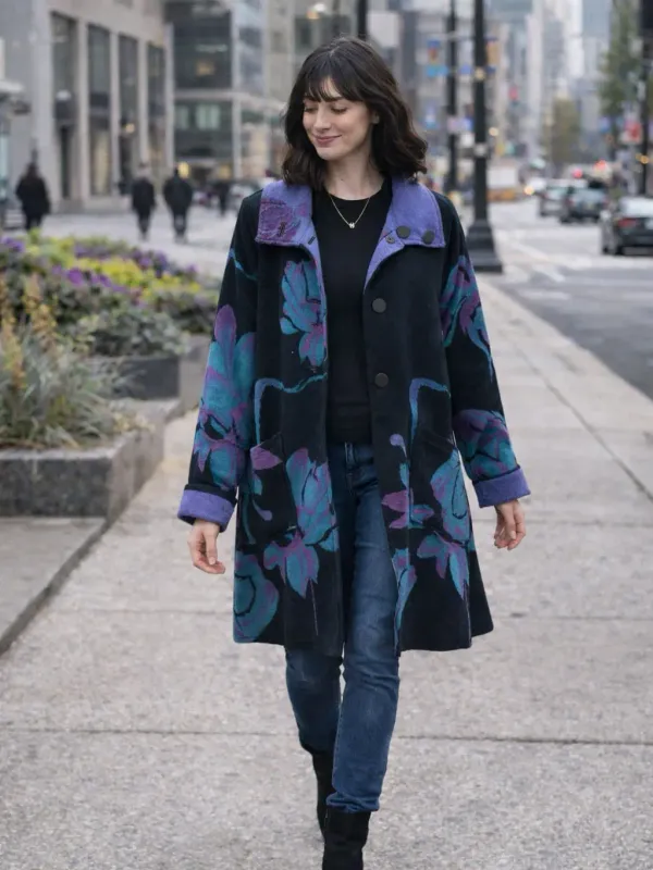 Winding River By Wild Curves: Purple Lotus Flared Reversible Coat Front 1