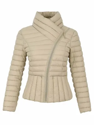 Dolcezza By Wild Curves: Padded Asymmetric Zipped Jacket In Taupe (76802) Front