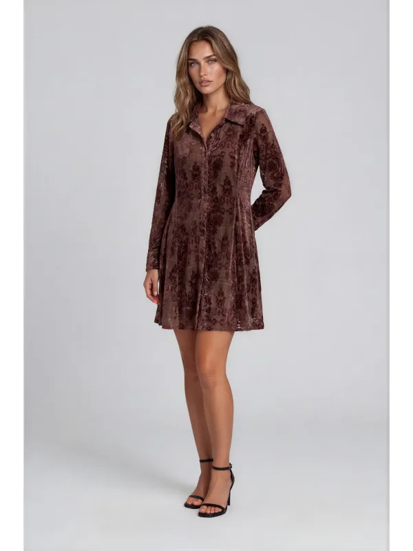 Adore By Wild Curves: Chocolate Velvet Burnout Shirt Dress Front