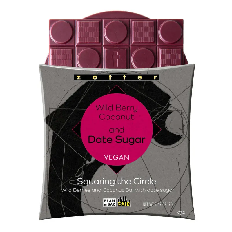 Zotter Chocolate By Wild Curves: Wild Berries with Coconut and Date Sugar Bar Front 1