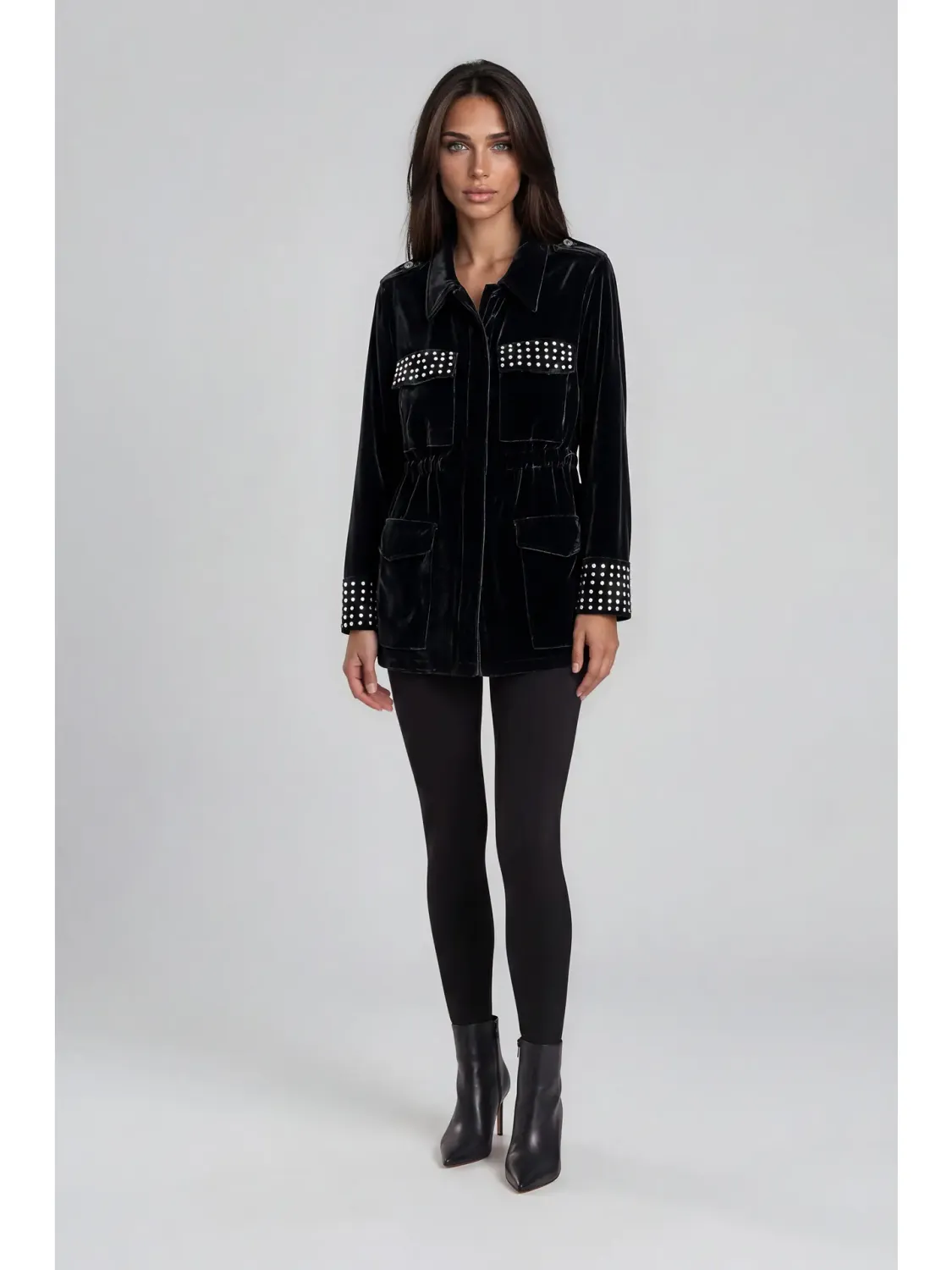 Adore By Wild Curves: Studded Velvet Utility Jacket Front