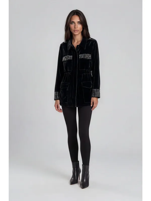 Adore By Wild Curves: Studded Velvet Utility Jacket Front