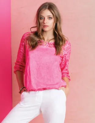 Maloka: Fuschia Pink Petals Cut Out Cotton Top