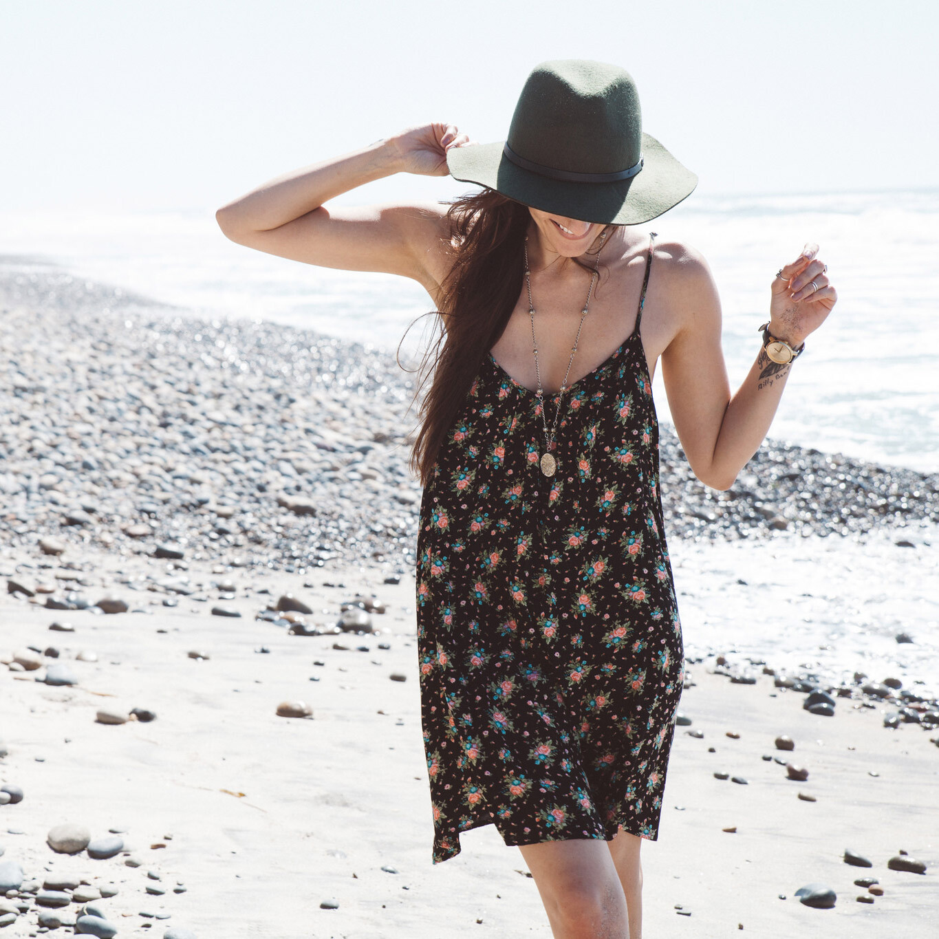 Women`s-Black Floral Printed Sun-Dress