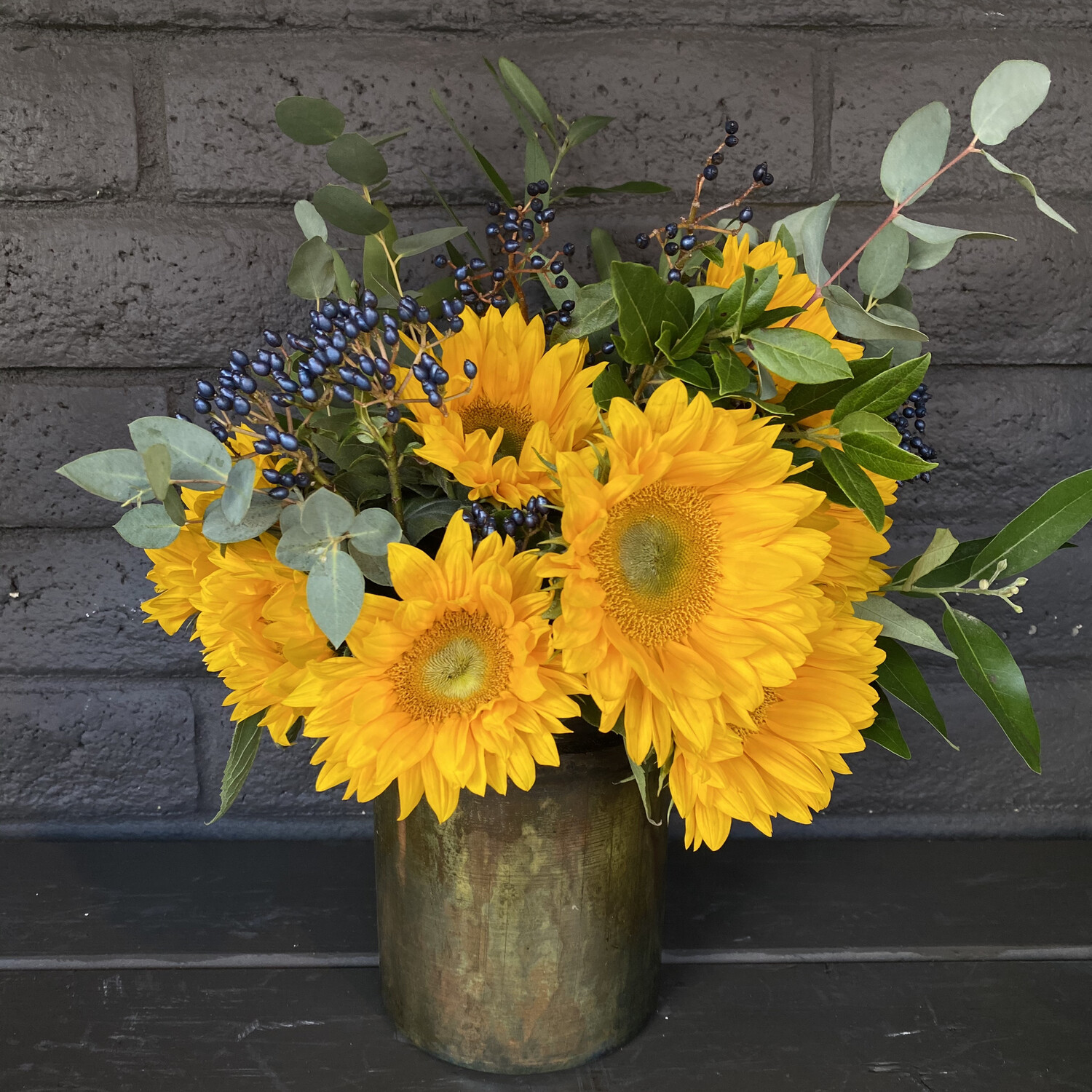 LOCAL SUNFLOWERS IN TIN POT LOCAL SUNFLOWERS IN TIN POT