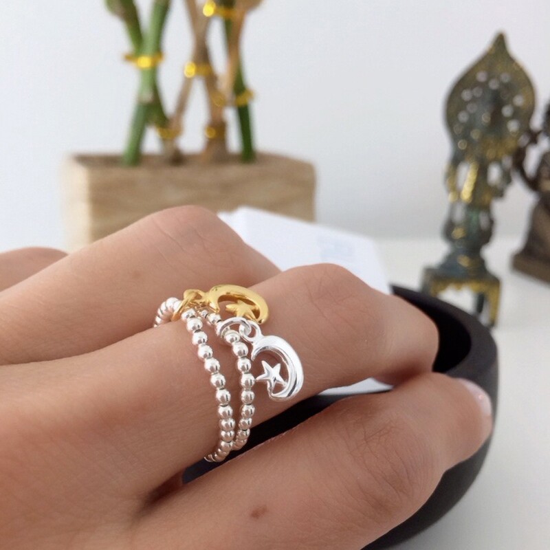 Vermeil &amp; Sterling Silver Moon &amp; Star Stretch Ring