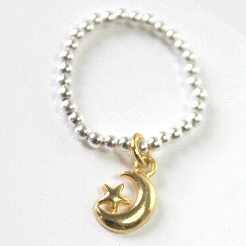 Vermeil &amp; Sterling Silver Moon &amp; Star Stretch Ring