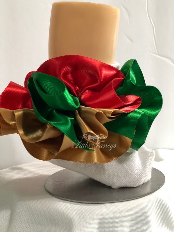 Holiday Glam Ruffle Socks – Green, Red &amp; Gold Satin Elegance