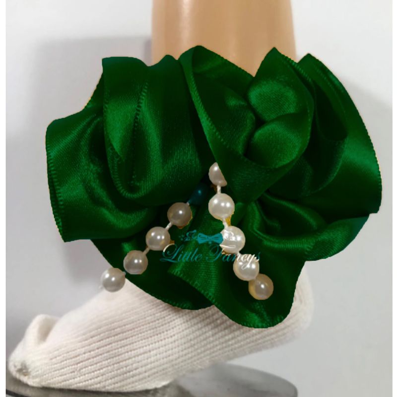 Angel Ruffle Socks – Hunter Green with Pearl Detail