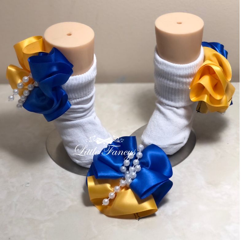 Blue and Gold Ruffle Socks with Matching Bow Set