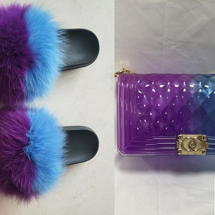 Fur Slides with Purse Set